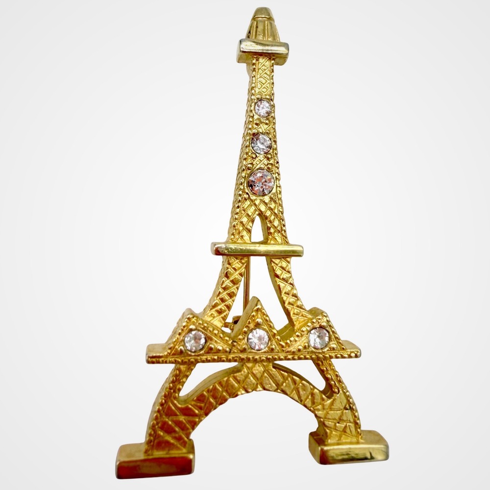 Vintage Eiffel Tower‎ Brooch Gold Tone Rhinestone Paris France Souvenir Pin